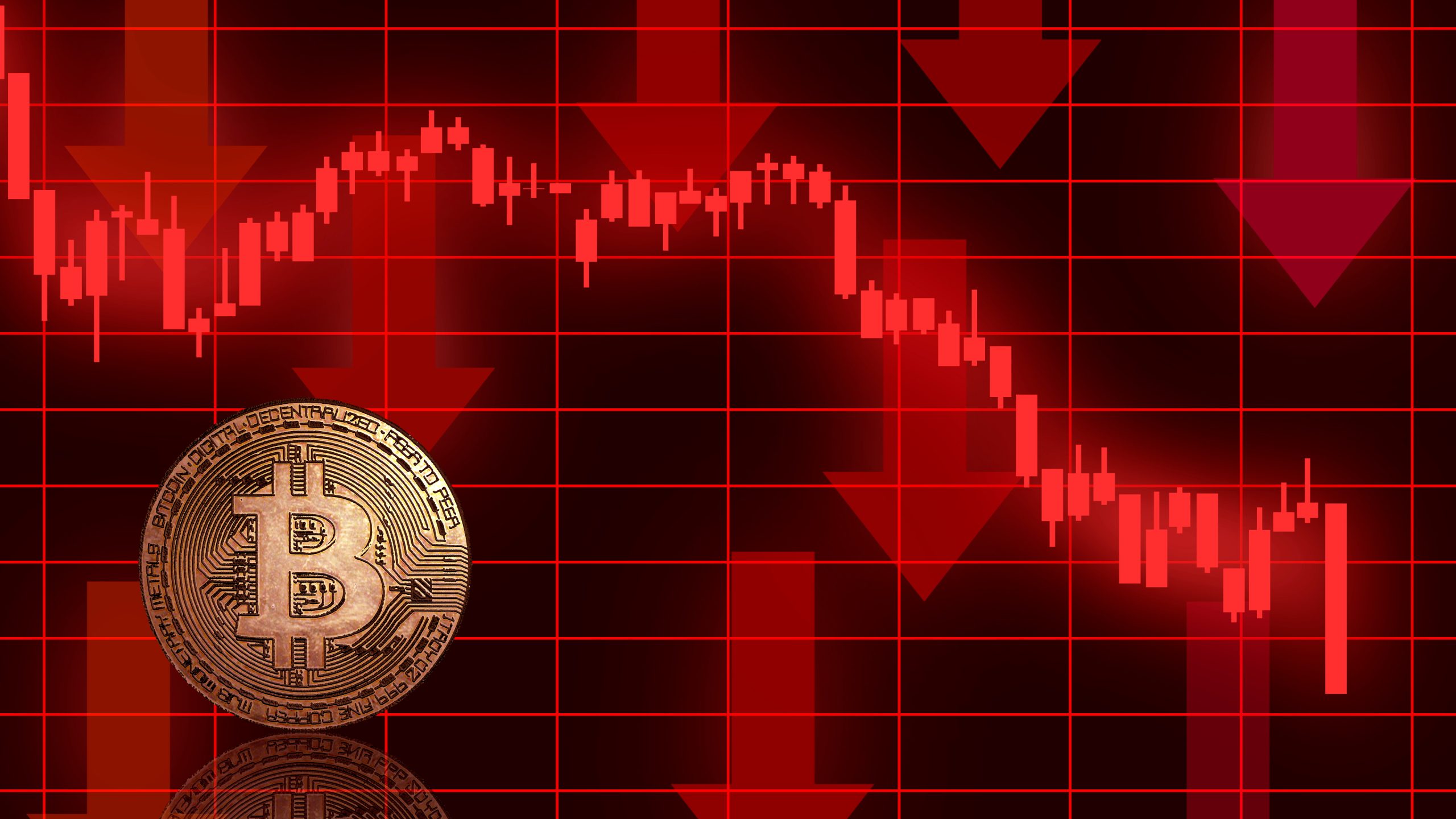 Bitcoin coin overlaid on a red bearish stock chart with candlesticks and downward arrows suggesting a market decline.