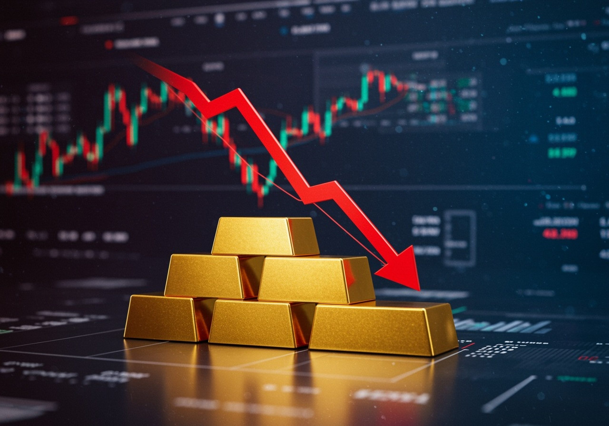 Stacked gold bars with a red downward arrow over a dark stock chart, signaling falling gold prices or market decline