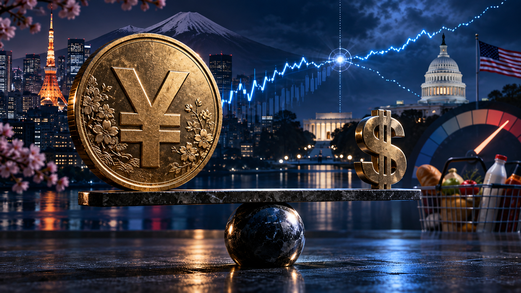 Gold coin and dollar sign balanced on a marble seesaw with a globe underneath, over a cityscape and stock chart imagery illustrating finance and currency trade across the world in a night scene.
