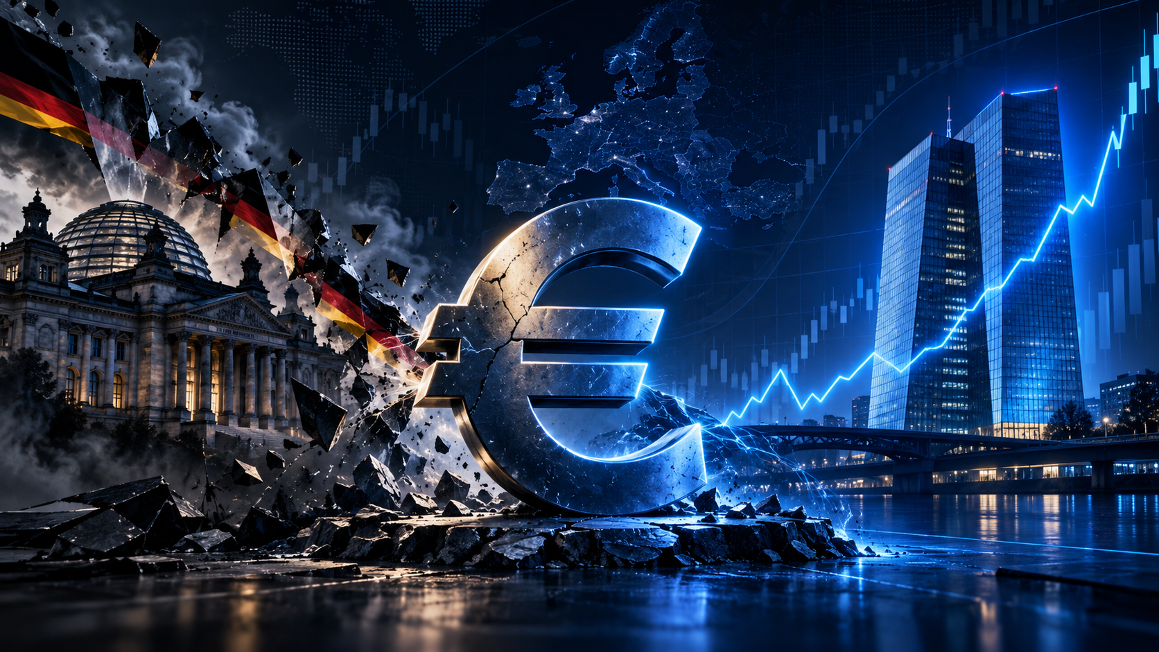 Euro symbol shattering amid a nighttime European city skyline with a rising blue stock chart, Europe map glow in the background, and German flag fragments.