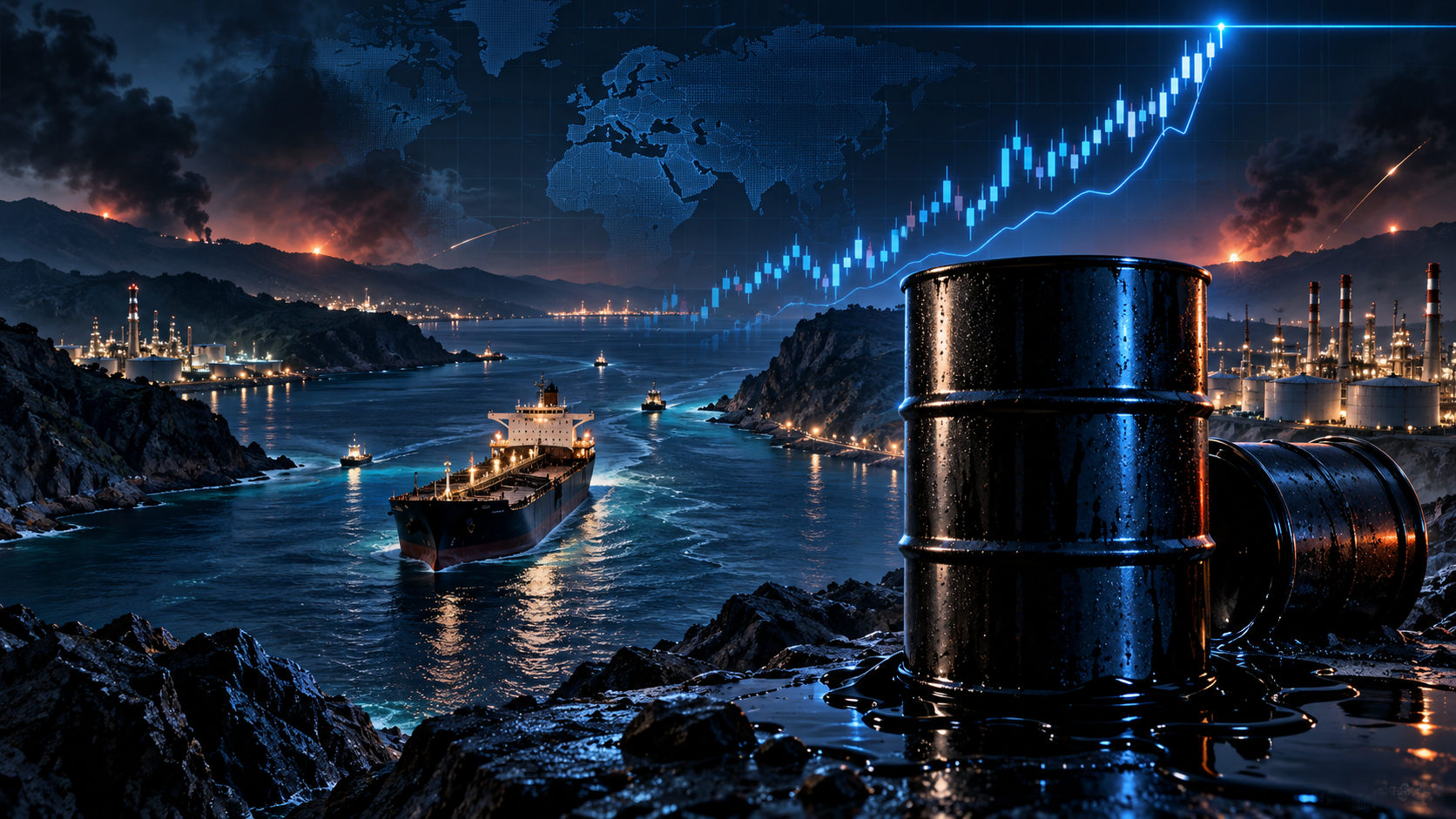 Oil barrels in the foreground overlook a port and refinery at dusk, with a rising blue stock chart over a world map in the sky.