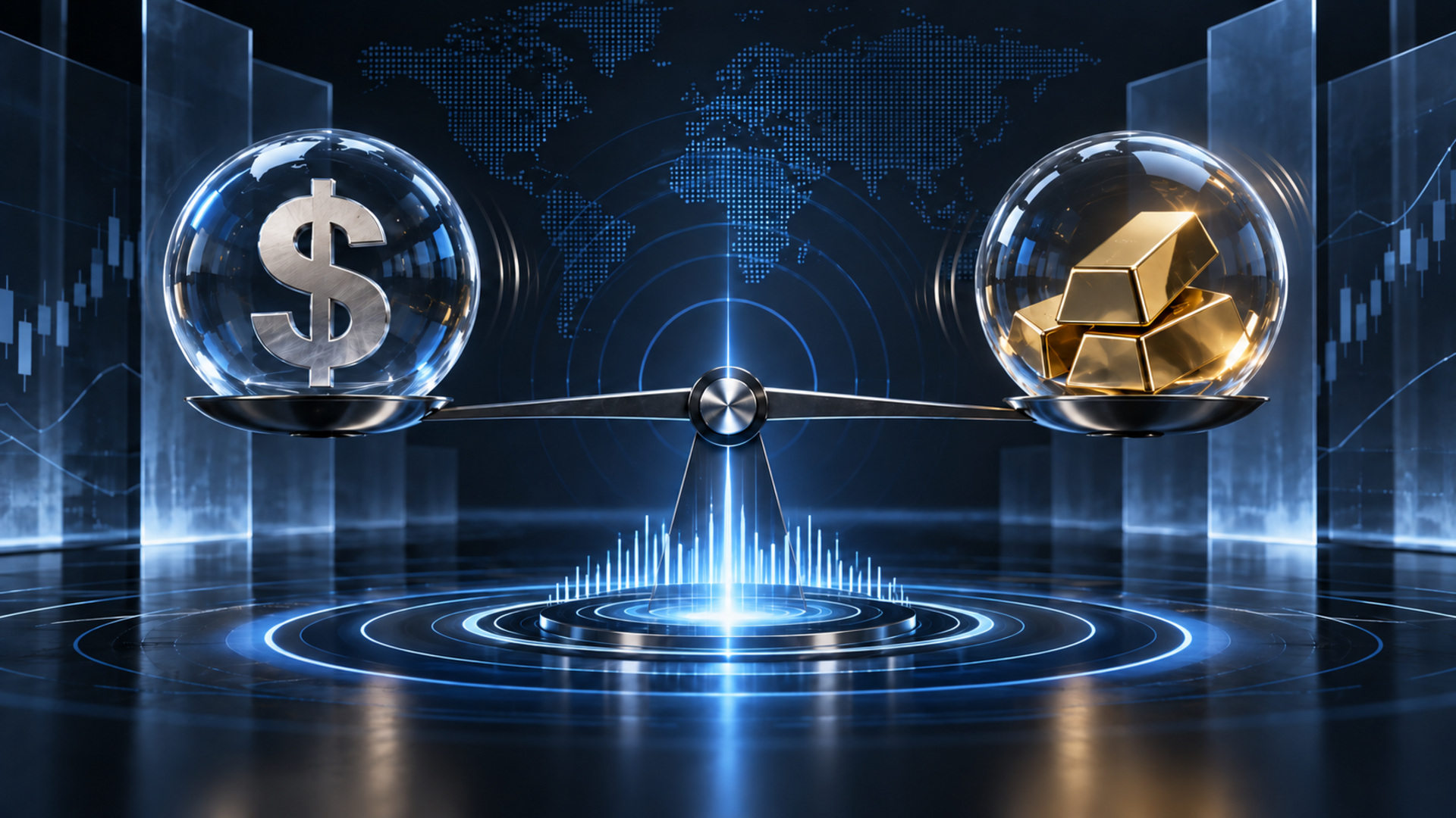 A futuristic balance scale balancing a silver dollar sign on the left against gold bars on the right, against a blue digital global backdrop.