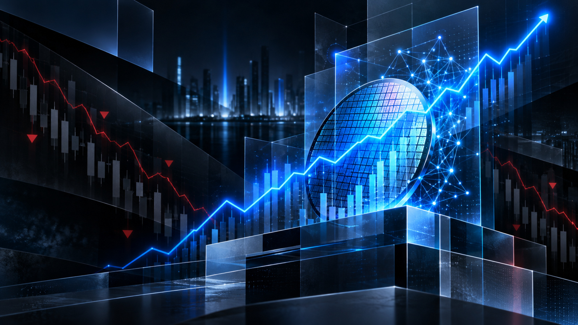 Blue neon stock market scene with a rising line graph, bar charts, and a circular grid globe in the foreground.