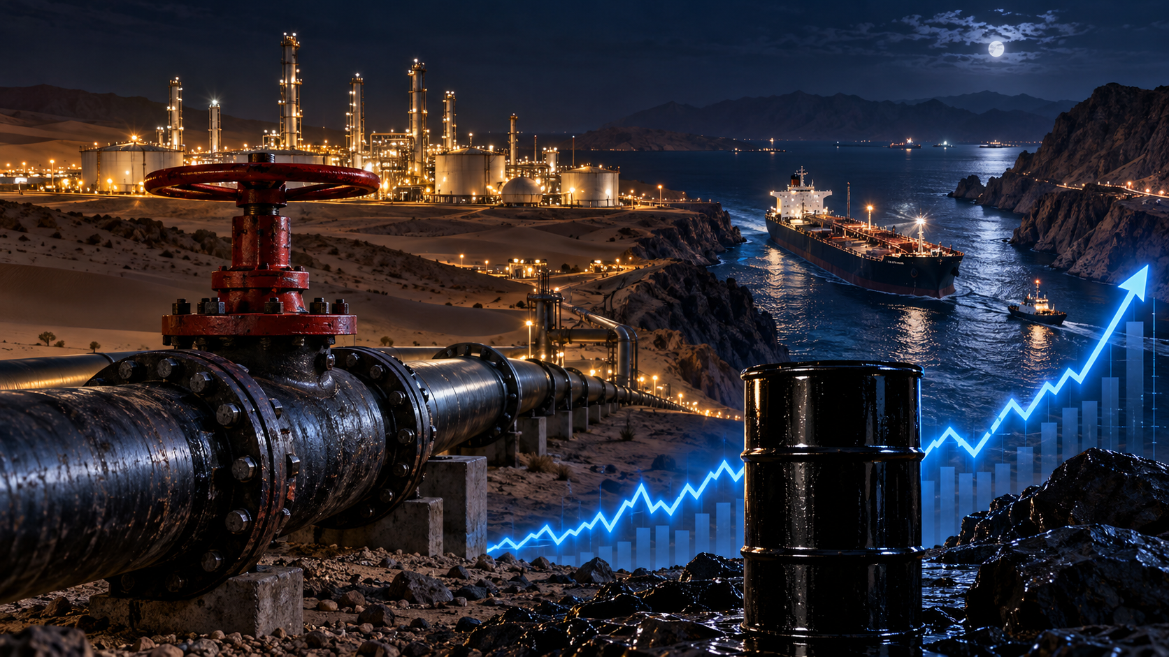 Night industrial scene of an oil refinery with large pipelines and a red valve in the foreground, a cargo ship in a harbor, and a blue rising-trend graph overlay indicating growth or rising energy demand.