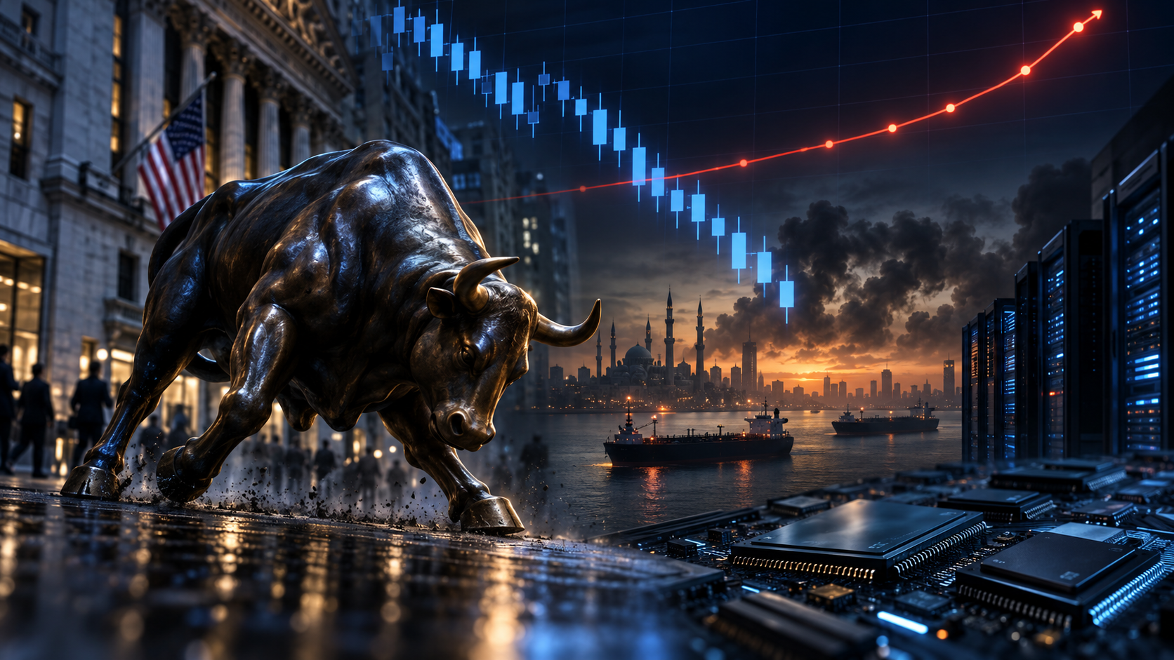 Bronze charging bull statue by the waterfront with a city skyline, stock charts, and data servers in the background.