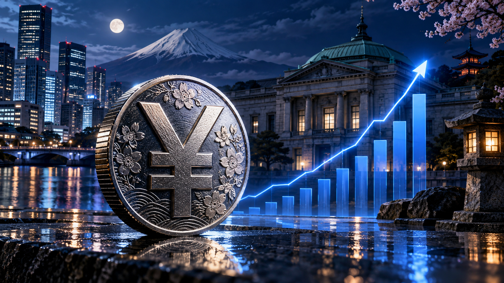 Large ornate Yen coin near a rising blue bar chart against a nighttime cityscape and moonlit sky.